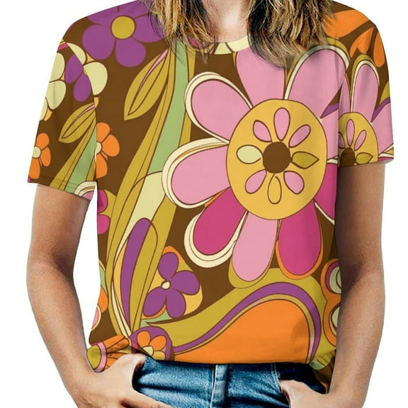 Nostalgic Vintage Floral Womens Tops Women's Fashion Casual Short Sleeve Flower Print Round Neck Pullover Top Blouse