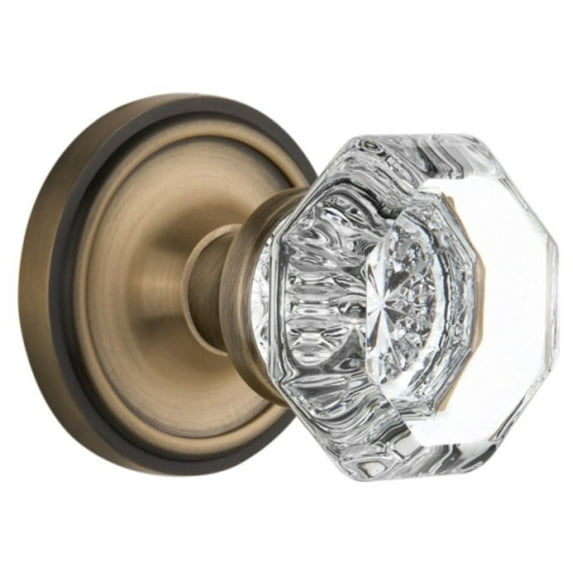 Nostalgic Warehouse Classic Rosette with Waldorf Crystal Door Knob, Passage - 2.375", Antique Brass (704824)
