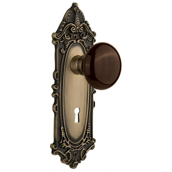 Nostalgic Warehouse Vicbrn_Psg_238_Kh Brown Porcelain Solid Brass Passage Door Knob Set -
