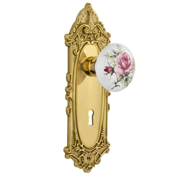 Nostalgic Warehouse Vicros_Dp_Kh Rose Porcelain Solid Brass Dummy Door Knob Set - Brass