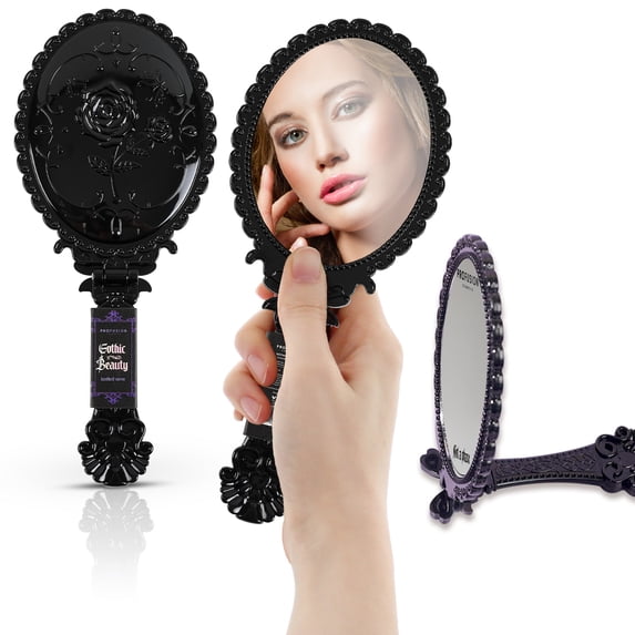 Profusion Cosmetics Not A Phase Foldable Handheld Mirror, Single-Sided Gothic Decorative Makeup Mirror, Distortion-Free Reflection, Matte Black