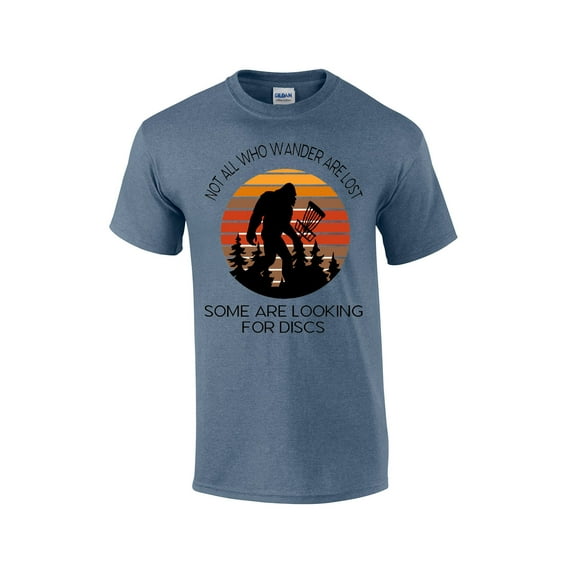 Not All Those Who Wander Are Lost Disc Golf Bigfoot Mens Short Sleeve T-shirt Graphic Tee-Heather Indigo-large