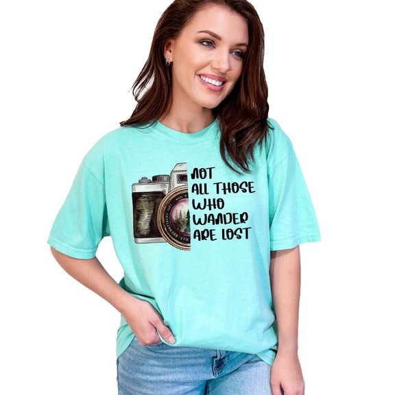 Not All Those Who Wander Are Lost T-Shirt, Vintage Camera Graphic Tee, Inspirational Travel Shirt, Wanderlust Quote Shirt, Adventure Top, Chalky Mint Comfort Colors T-Shirt, Large