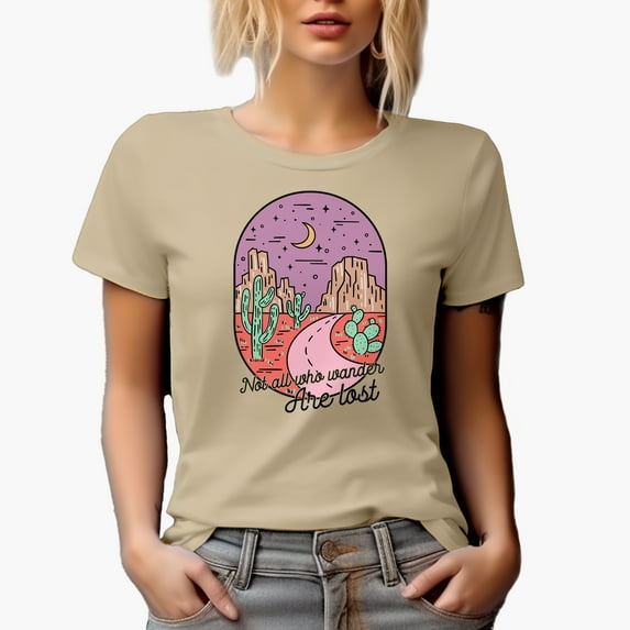 Not All Who Wander Are Lost Quote with Line Drawing of Desert with Cactus Art Merch Gift, Tan T-Shirt, 3XL