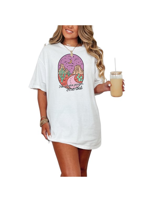 Not All Who Wander Are Lost Quote with Line Drawing of Desert with Cactus Art, White Comfort Colors T-Shirt, Medium