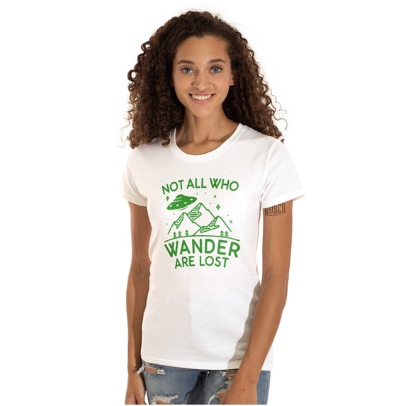 Not All Who Wonder Are Lost UFO Cute Womens Slim Fit Graphic Tee Brisco Brands S