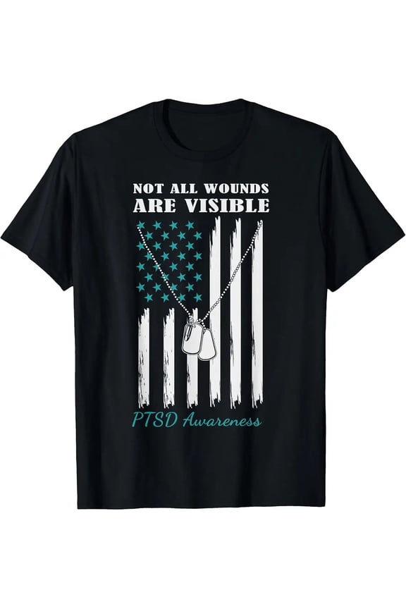 Not All Wounds Are Visible USA Flag PTSD Awareness Ribbon Unisex T-Shirt, S - 5XL
