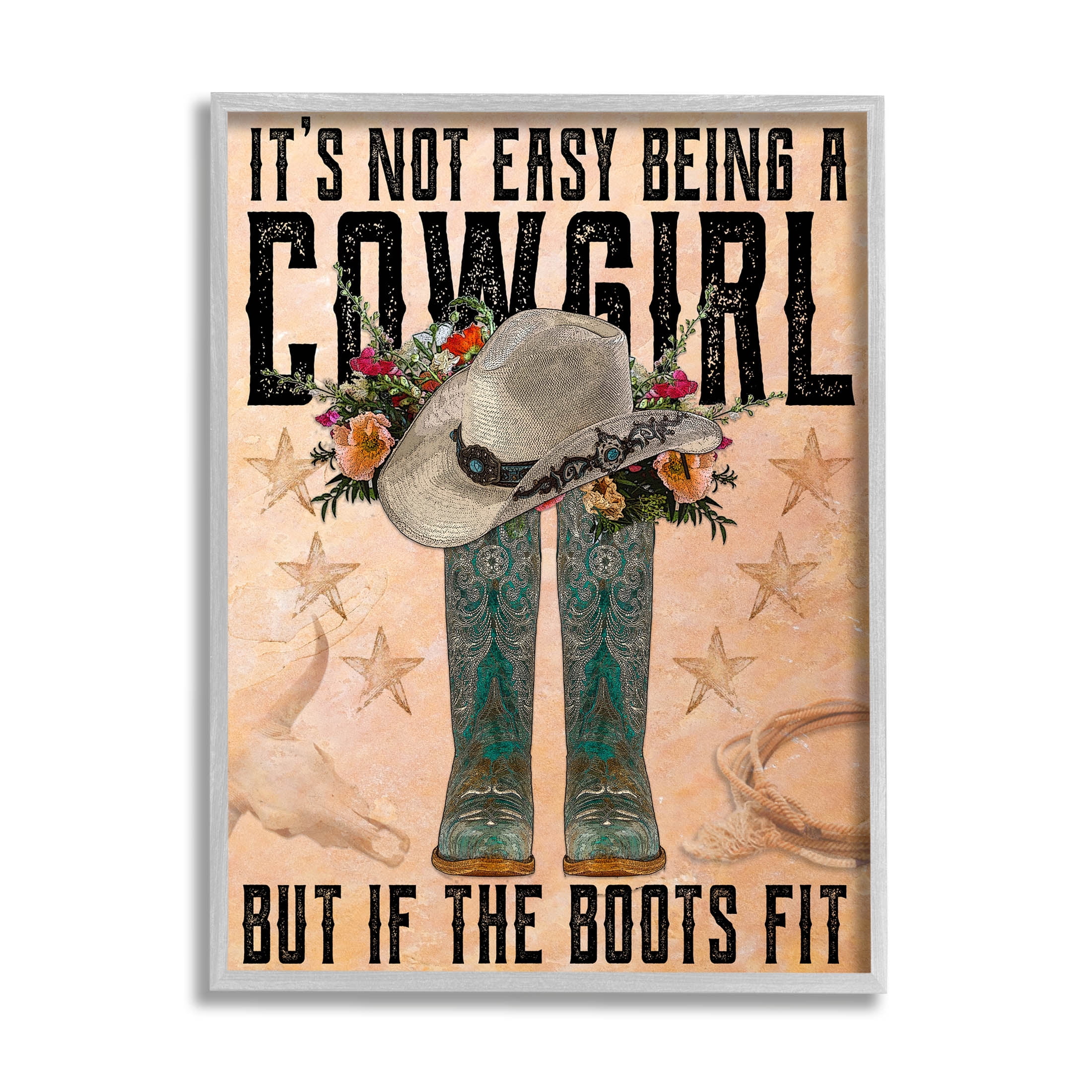 Not Easy Being A Cowgirl Country Phrase Botanical & Floral Graphic Art Gray Framed Art Print Wall Art