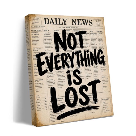 Not Everything Is Lost Canvas Wall Art, Inspirational Newspaper Quote Print, Neutral Typography Home Decor