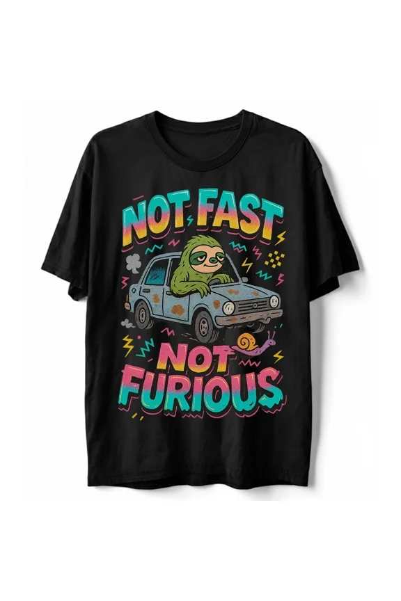 Not Fast Not Furious Sloth Car Funny Slow Driving 80s Neon Graphic Unisex T-Shirt, up to Size 5XL