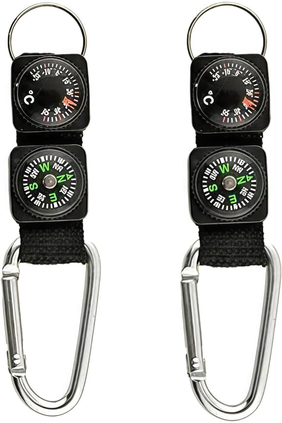Not For Professional Climbing 2 Pcs Black Carabiner Key Chain Compass Thermometer Metal Camping Outdoor Gadgets Hiking Survival Multifunctional
