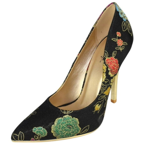 Not Just A Pump Shoes Women Stiletto Pumps High Heel Pointed Toe BOMBER Embroidered Floral Black Gold Heel 7.5