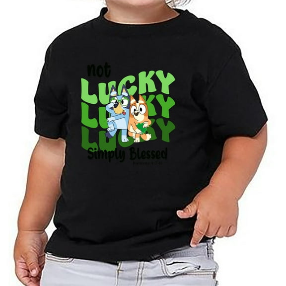 Not Lucky Simply Blessed Bluey Toddler T-shirt, Christian St Patrick’s Day Tee, Bible Verse Romans 4:7-8 Toddler T-shirt Four Leaf Clover Tee, Lucky Shamrock Toddler T-shirt Cute Baby Clothes