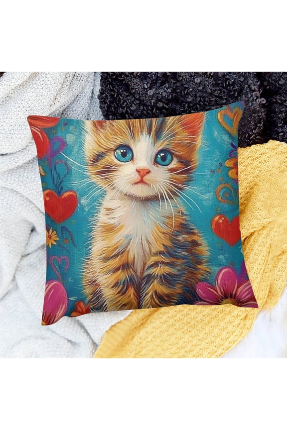 Kitten Hearts Flowers Throw Pillow Cover for Home Sofa Couch 18x18in