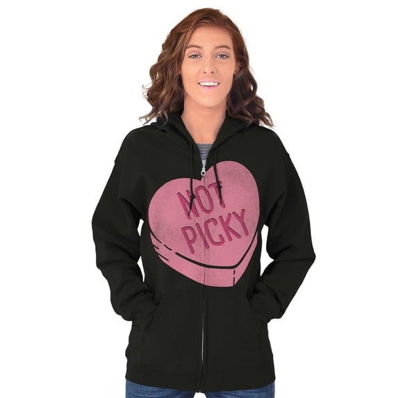 Not Picky Candy Heart Valentines Day Womens Plus Size Graphic Zipper Hoodie Brisco Brands 2X