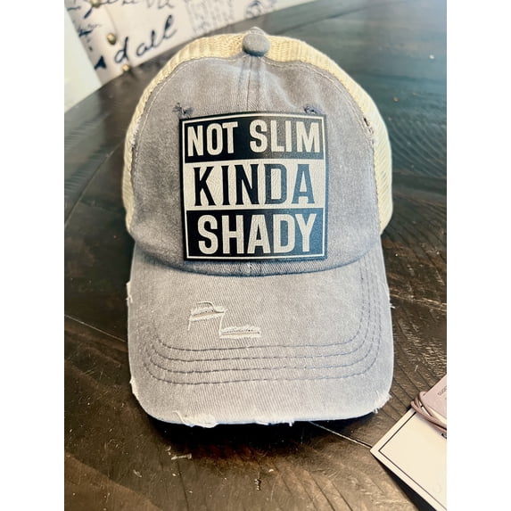 Not Slim Kinda Shady Distressed Laser-Engraved Leather Patch Casual Snapback Hat, Dark Gray