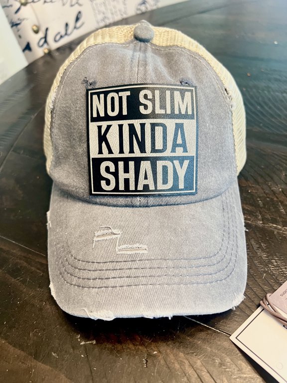 Not Slim Kinda Shady Distressed Laser-Engraved Leather Patch Casual Snapback Hat, Dark Gray