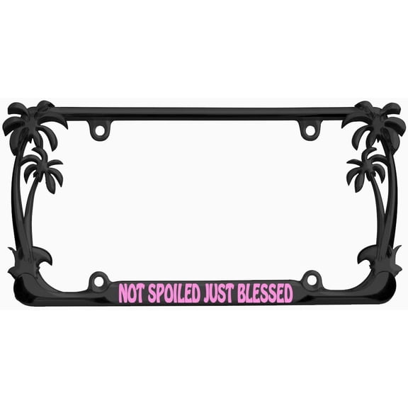 Not Spoiled Just Blessed Design Palm Tree Heavy Duty Metal License Plate Frame Auto License Plate Frame/Car Accessories (Black/Light Pink)