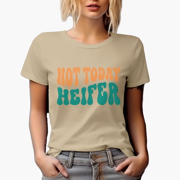 Not Today Heifer, Cow Lover or Farmer Themed Quote, Groovy Retro Wavy Text Merch Gift, Tan T-Shirt, Small