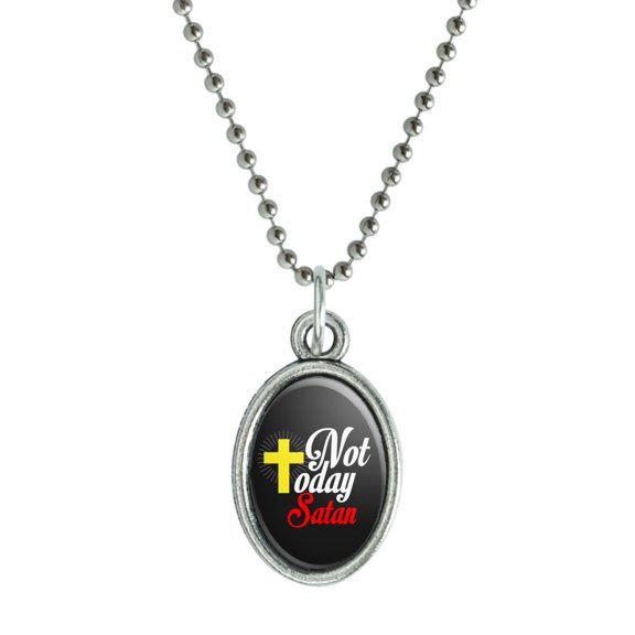 Not Today Satan Cross Christian Religious Antiqued Oval Charm Pendant with Chain