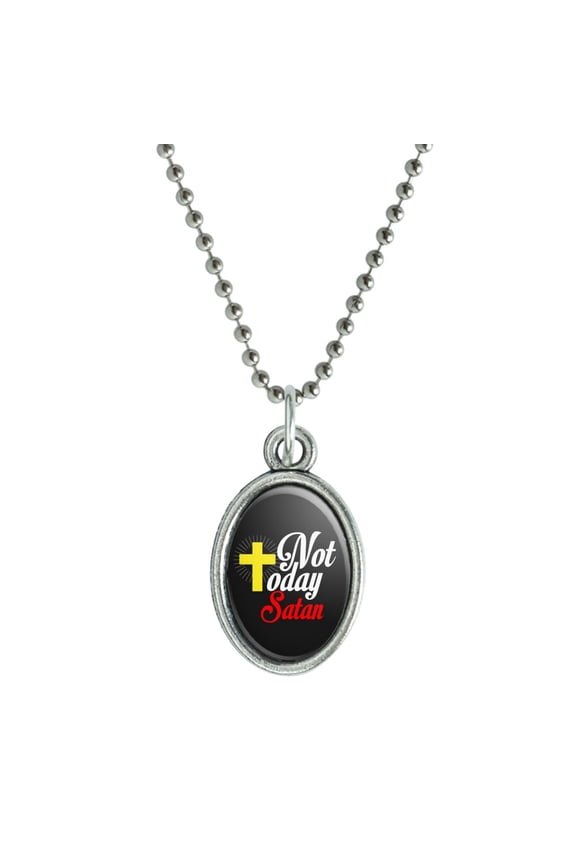 Not Today Satan Cross Christian Religious Antiqued Oval Charm Pendant with Chain