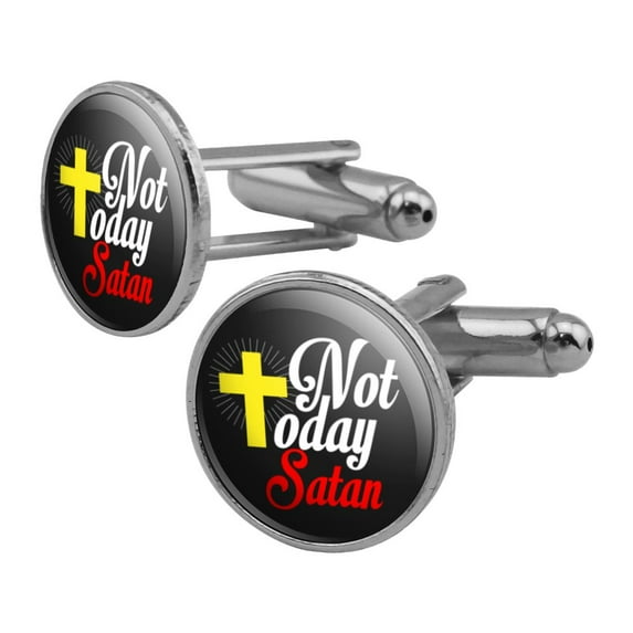 Not Today Satan Cross Christian Religious Round Cufflink Set Silver Color