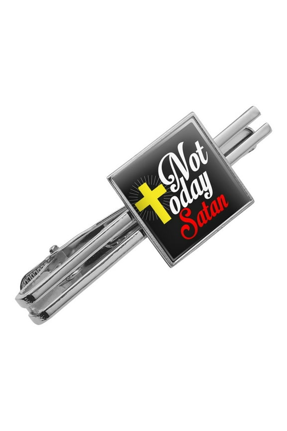 Not Today Satan Cross Christian Religious Square Tie Bar Clip Clasp Tack- Silver or Gold