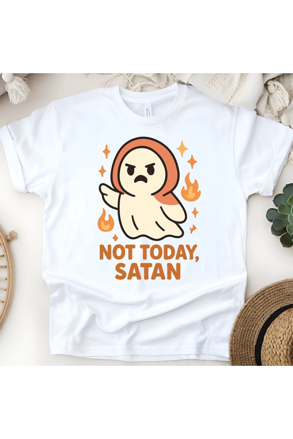 Not Today Satan Ghost T-Shirt | Funny Unisex Spooky Outfit, White, Size XL