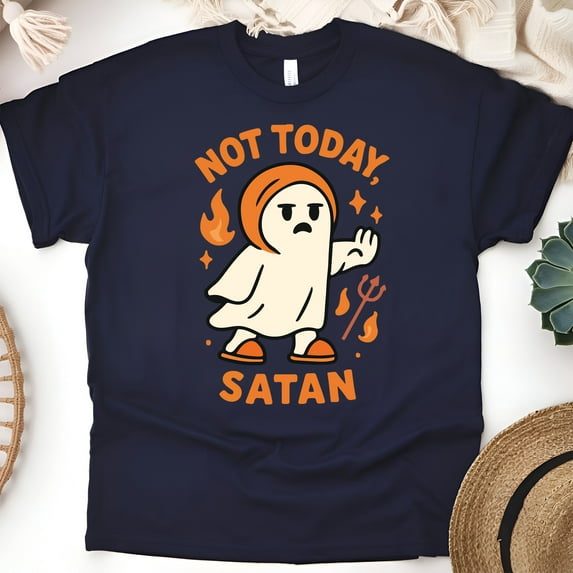 Not Today Satan Shirt | Funny Ghost Graphic Tee | Unisex T-Shirt, Navy, Size XL