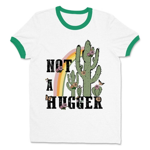 Not a Hugger Ringer Tee Shirt Unisex Large White/Kelly Green