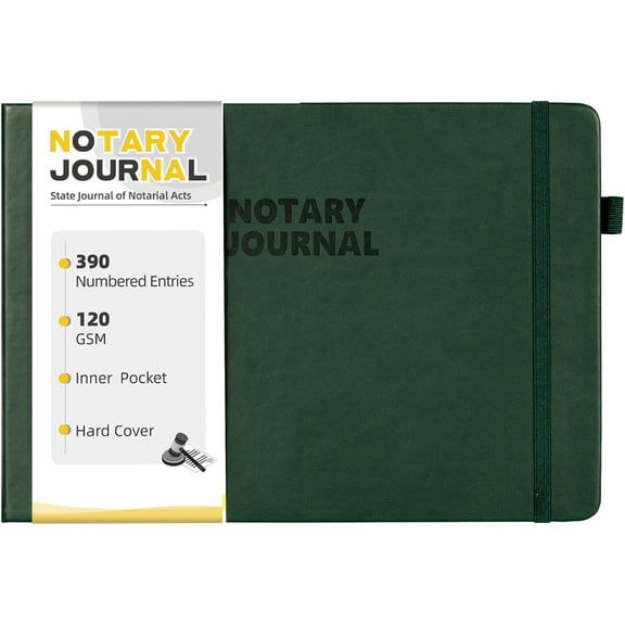 Notary Journal Log Book, Notary Book with 390 Record Entries, 10"X7" Notary Log Book Notary Public Journal for Notarial Acts, Hardcover, 120gsm Thick Numbered Pages, Green