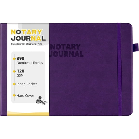 Notary Journal Log Book, Notary Book with 390 Record Entries, 10"X7" Notary Log Book Notary Public Journal for Notarial Acts, Hardcover, 120gsm Thick Numbered Pages, Purple