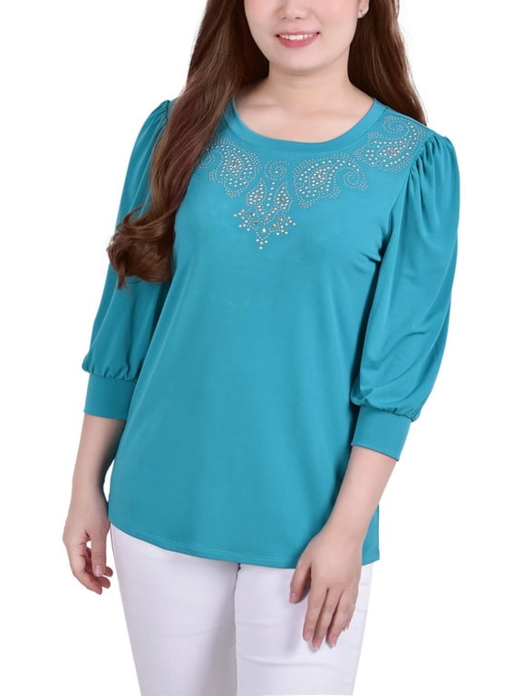 Womens Petites Embellished 3/4 Sleeve Pullover Top