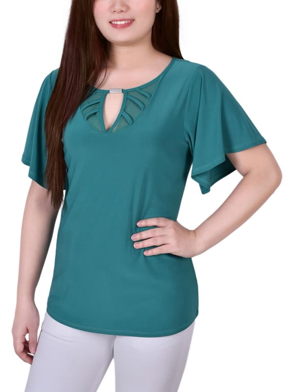 Womens Petites Keyhole Geometric Blouse