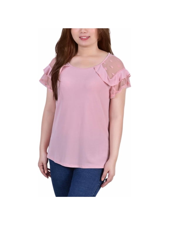 NY Collection Womens Short Dot Pullover Blouse, Pink, Petite, PL