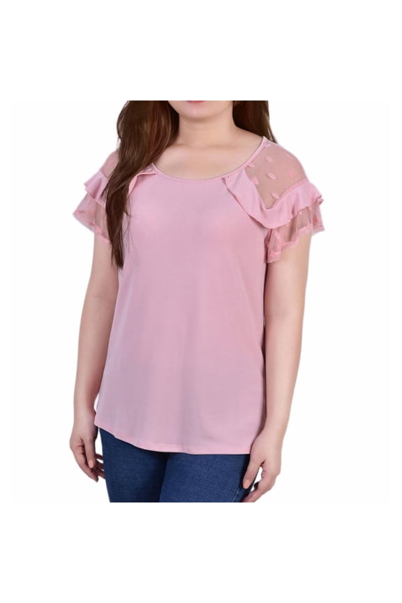 NY Collection Womens Short Dot Pullover Blouse, Pink, Petite, PL