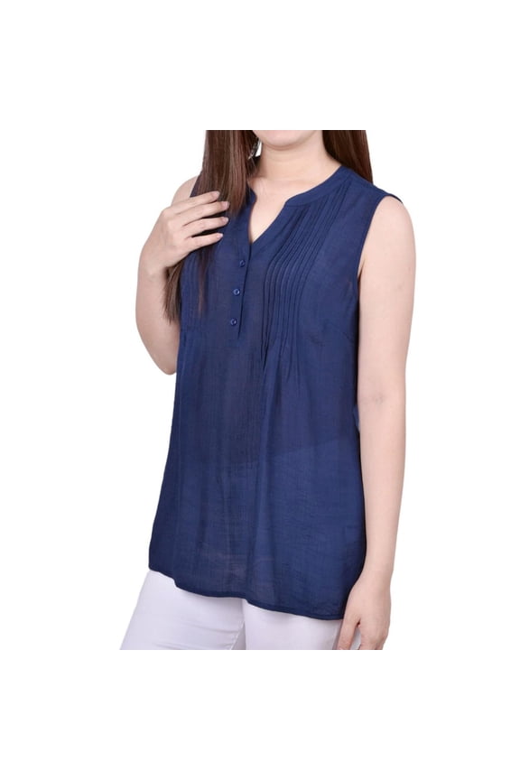 Womens Pintuck Sleeveless Blouse Top, Blue, Petite, P/PS