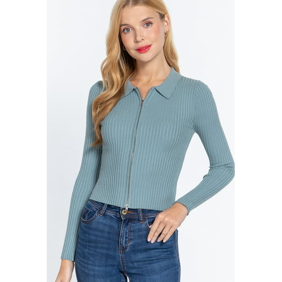Notched Collar Zippered Sweater L