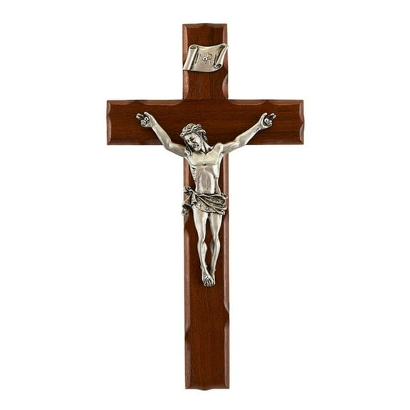 Notched Edge Walnut Wood Catholic Wall Cross Crucifix with Pewter Jesus Christ, 8 Inch