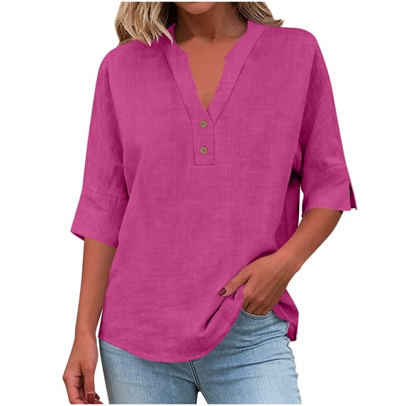 Notched Henley Neck Two Button Cuffed Three Quarter Sleeve Cotton Linen Top for Women Solid Color Spring Summer Blouse 3XL-5XL Plus Size