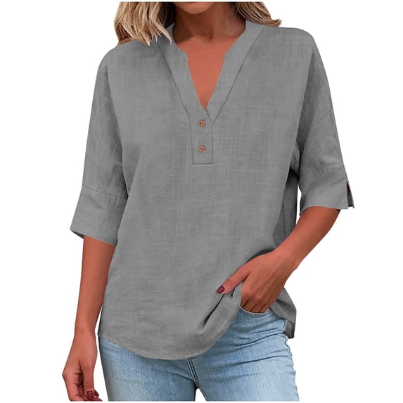 Notched Henley Neck Two Button Cuffed Three Quarter Sleeve Cotton Linen Top for Women Solid Color Spring Summer Blouse 3XL-5XL Plus Size