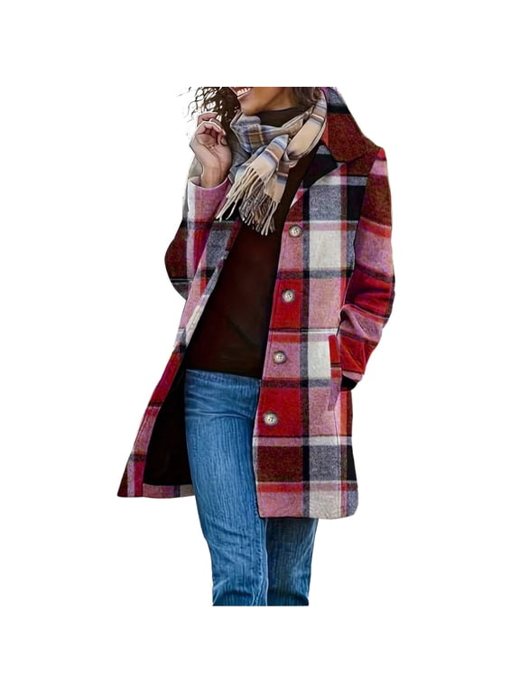 Notched Lapel Button Front Side Pockets Black White Grey Plaid Mid Length Loose Wool Blend Shacket Coat for Women Fall Winter Casual Outerwear