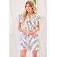 thumbnail image 1 of Notched Neck Button Elastic Band Waist Stripe Print Romper Off White M, 1 of 5