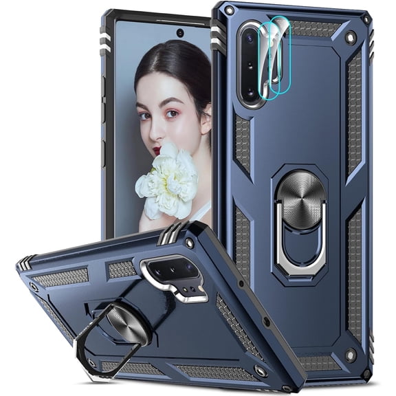 for Note-10-Plus Case: Galaxy Note 10 Plus Case with [2 Pack] Camera Lens Protector, Military-Grade Protective Cell Case Cover with Stand Kickstand for Samsung Note 10 Plus, Blue