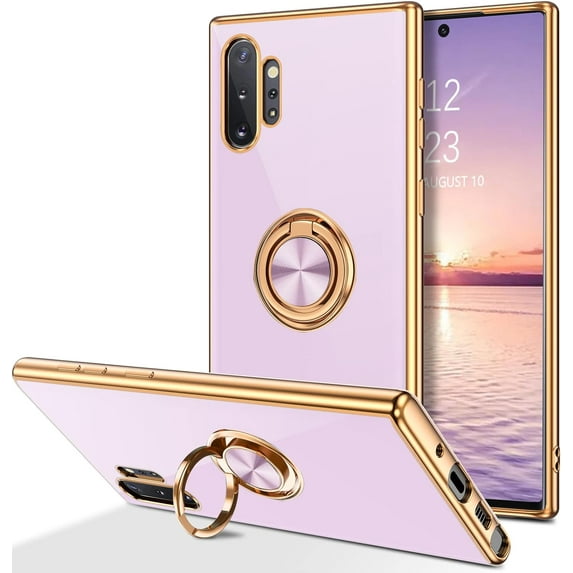 Note 10 Plus Case, Galaxy Note 10 plus Case,Slim Fit Soft 360° Ring Holder Kickstand Magnetic Car Mount Supported Shockproof Protective Cover for Samsung Galaxy Note 10 Plus 6.8",Purple/Golden