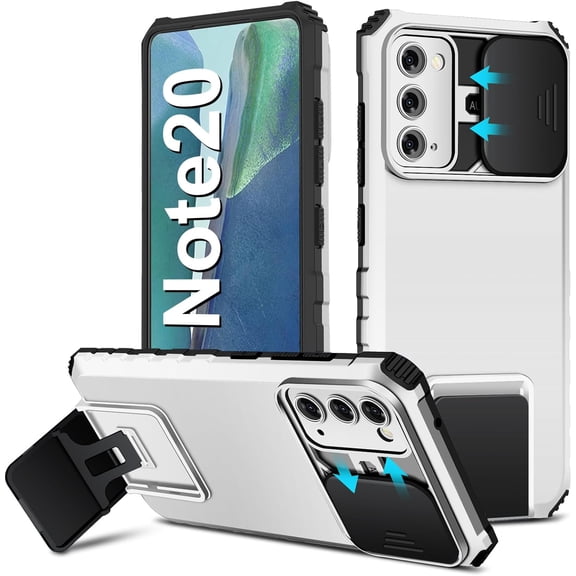 Note 20 Case Compatible for Samsung Galaxy Note20 5G 6.7-inch, Slide Camera Cover, -Grade Shockproof Phone Case with Kickstand Protective Cover for Samsung Note 20 5G (White)