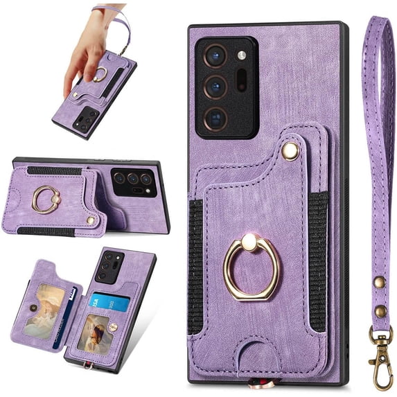 Note 20 Ultra Case,Card Holder Wallet for Galaxy Note 20 Ultra 5G Case,Ring Holder Stand,RFID-Blocking,Wrist Strap,Camera Protector,Leather Protective Flip Cover Phone Cases 2023 (Purple)