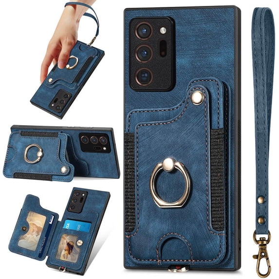 Note 20 Ultra Case,Card Holder Wallet for Galaxy Note 20 Ultra 5G Case,Ring Holder Stand,RFID-Blocking,Wrist Strap,Camera Protector,Leather Protective Flip Cover Phone Cases 2023 (Blue)