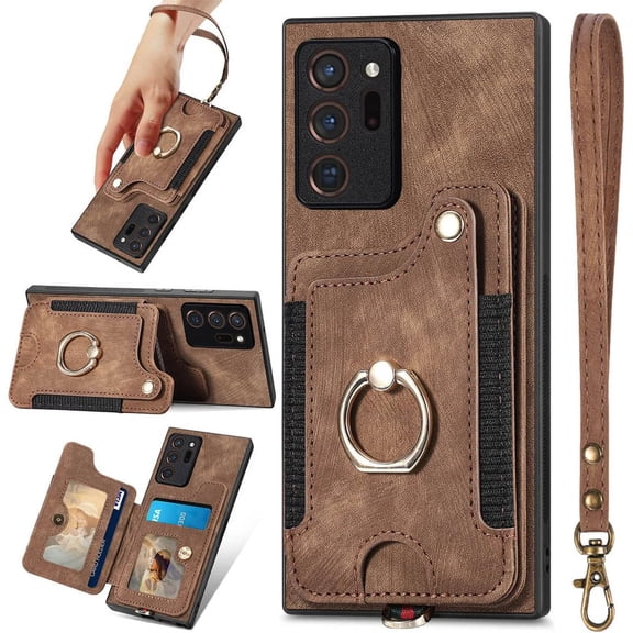 Note 20 Ultra Case,Card Holder Wallet for Galaxy Note 20 Ultra 5G Case,Ring Holder Stand,RFID-Blocking,Wrist Strap,Camera Protector,Leather Protective Magnetic Flip Cover Phone Cases 2023 (Brown)