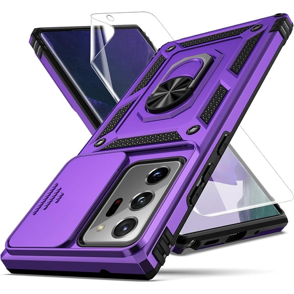 for Note 20 Ultra Case,with Camera Lens Cover HD Screen Protector,[Military Grade] Ring Car Mount Kickstand Hybrid Hard PC Soft TPU Shockproof Protective Case for Galaxy Note 20 Ultra, Purple
